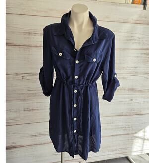 LA Class Navy Blue Button Down Shirt Dress Light Weight sz M